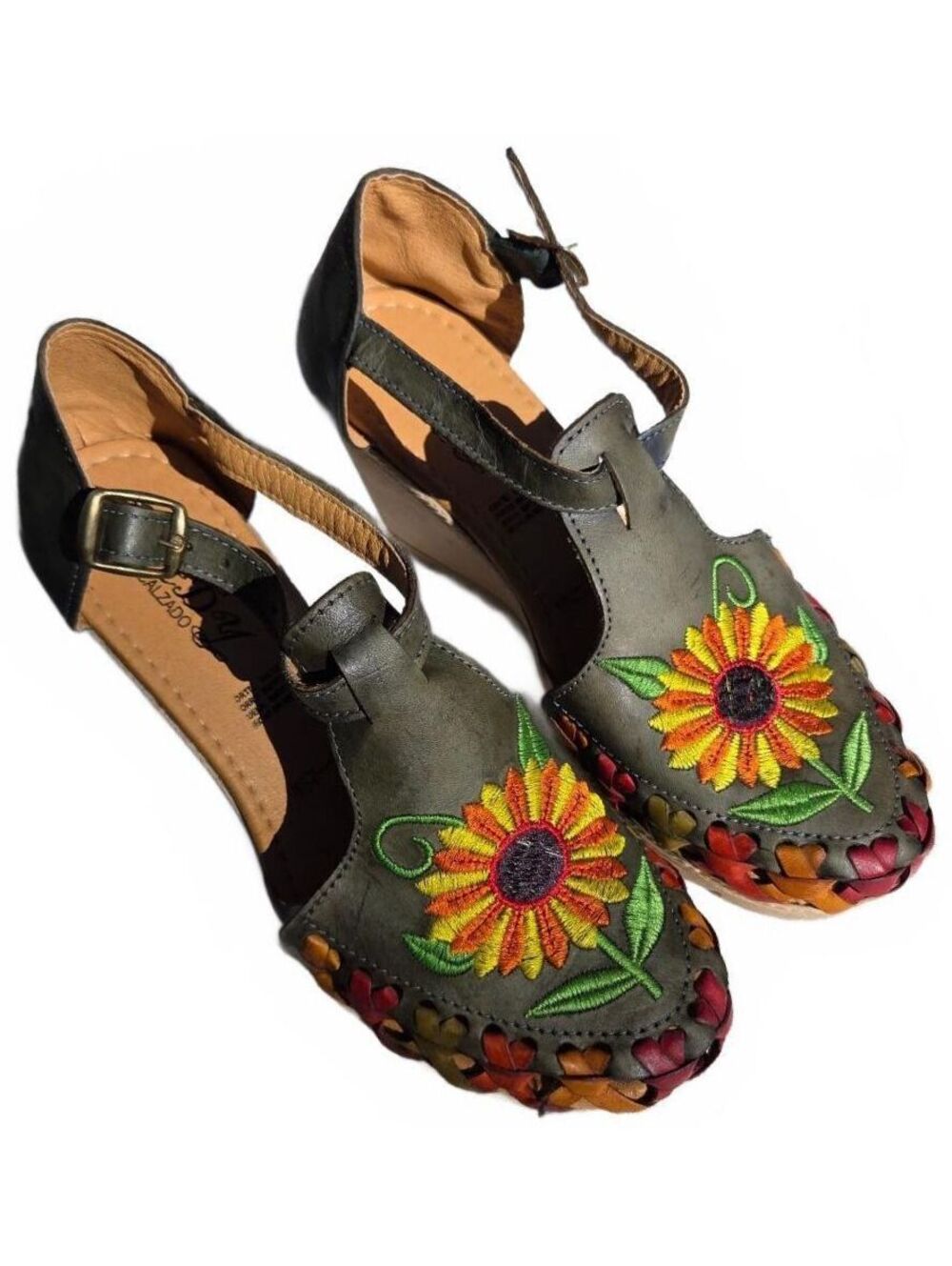 Handcrafted Floral Embroidered T-Strap Wedge Huarache Sandals Olive Green